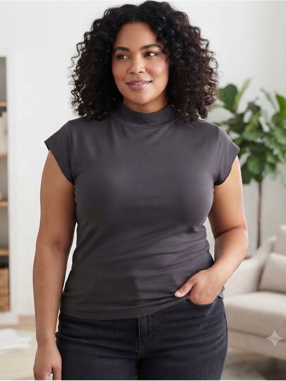 Zara Charcoal Mock Neck Cap-Sleeve Top